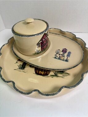 Home &Garden Party Cream Ceramic Serving Set with Hand-Painted Birdhouse Motif